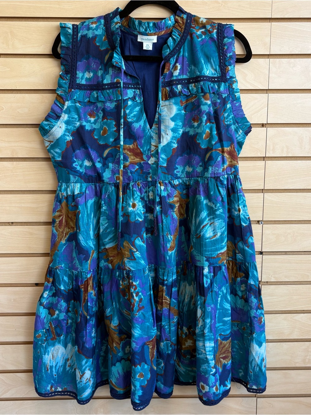 😍Sundance Petite Teal and Brown Cotton Ruffle High-Neck Mini Dress size Small